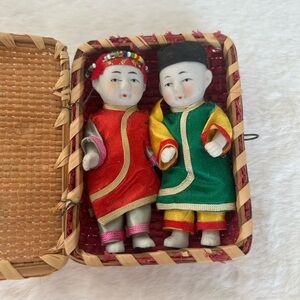 Vintage Japanese Asian Boy & Girl Dolls In Original Basket Case 1960's Dolls